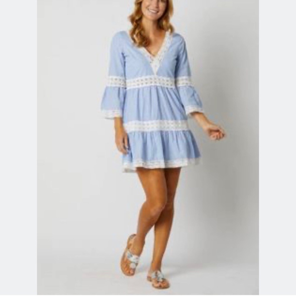 Entro Stripe Crochet Lace Tiered Mini Dress Womens L Blue White Nautical Boho